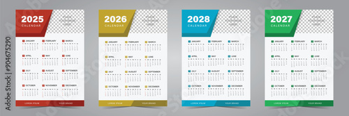 2024, 2025, 2026, 2027 wall calendar design template. Calendar design for print, week starts on sunday