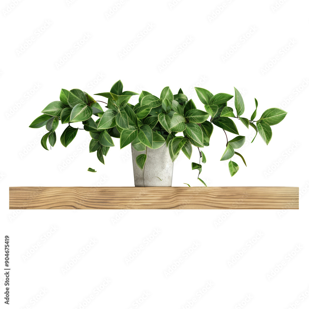 Wooden shelf displaying a green plant against a gray wall. Wooden shelf displaying a green plant against a gray wall.