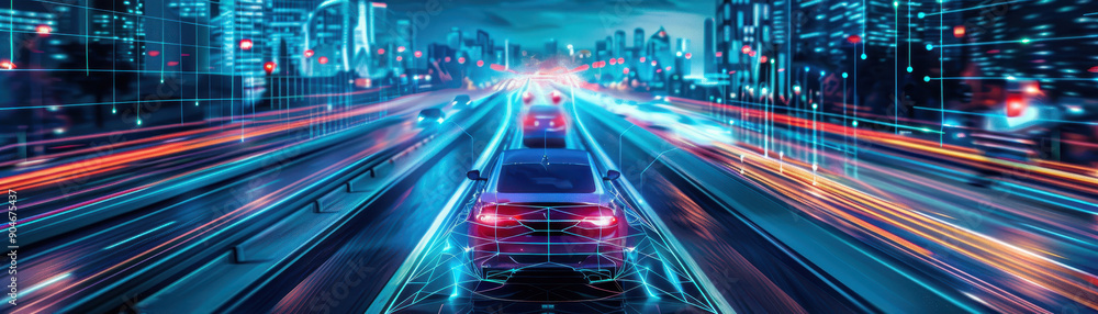 A car is driving down a road with a city skyline in the background. The car is surrounded by a blur of lights, giving the impression of a busy city street A car is driving down a road with a city skyline in the background. The car is surrounded by a blur of lights, giving the impression of a busy city street