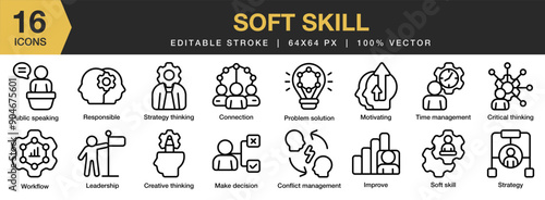 Soft Skills icon set. Editable Stroke Icon Collection. Includes connection, critical thinking, problem solution, strategy, public speaking, soft skill, and More. Outline icons vector collection.