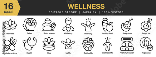 Wellness icon set. Editable Stroke Icon Collection. Includes harmony, healthy food, spa, spiritual, relax, wellness, and More. Outline icons vector collection.