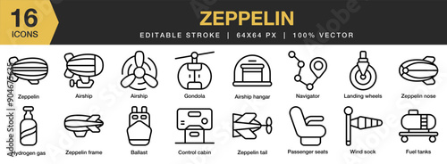 Zeppelin icon set. Editable Stroke Icon Collection. Includes airship hangar, ballast, control cabin, zeppelin, landing whell, and More. Outline icons vector collection.