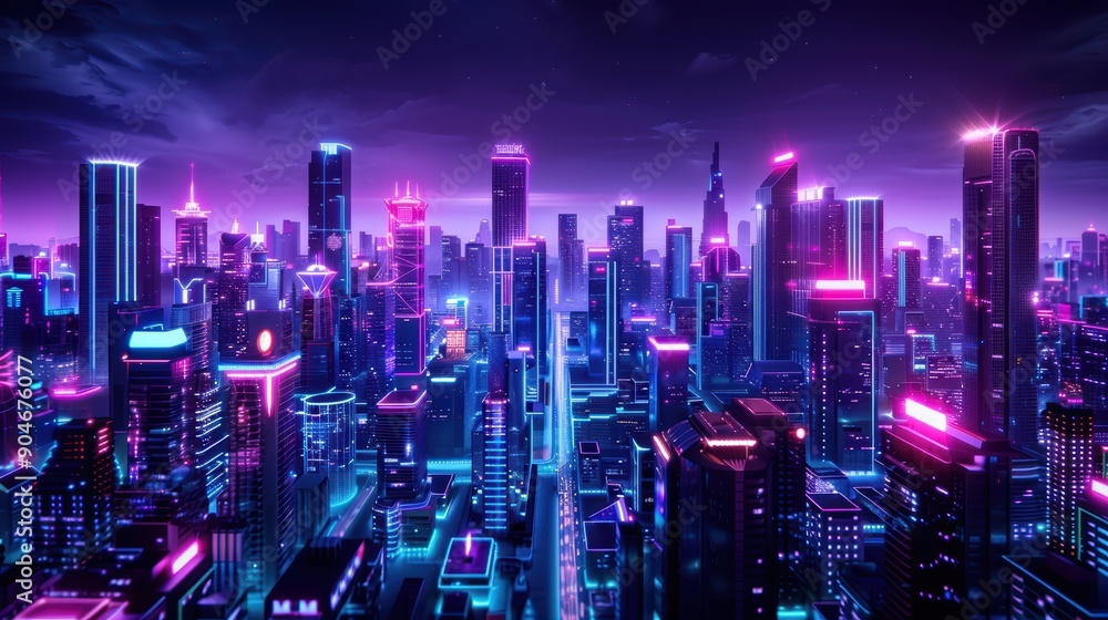 Fototapeta premium Futuristic Neon Cityscape at Night with Glowing Skyscrapers and Vibrant Lights in a Cyberpunk Style