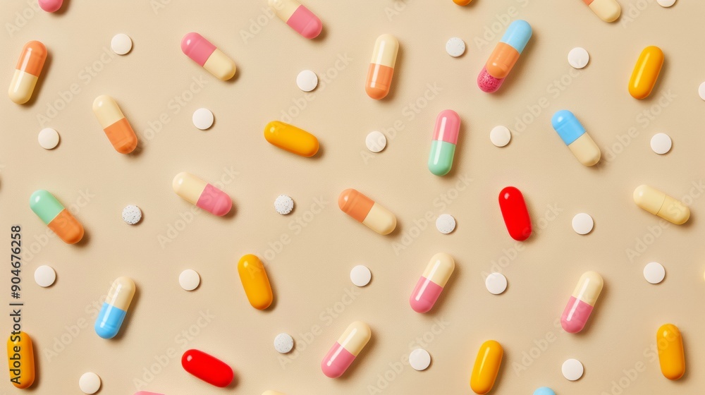 Top view of assortment of pills of many colors with pastel color background Top view of assortment of pills of many colors with pastel color background