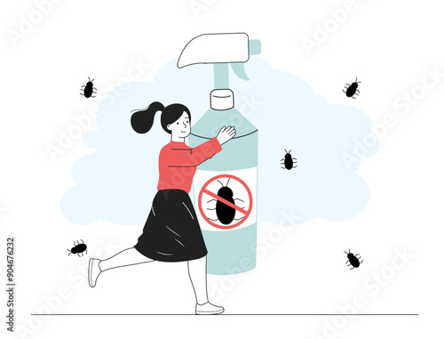Woman with insect spray. Young girl with insect repellent. Tourist with repellent to protect against bites. Summer chemical product for skin. Linear vector illustration