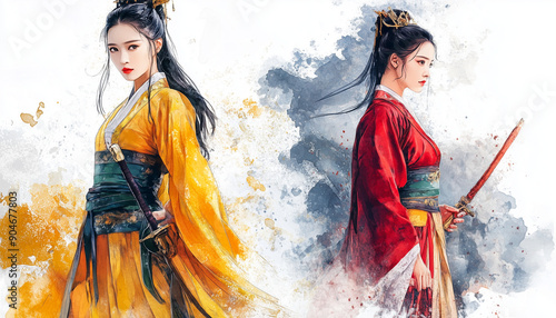 Chinese woman warrior costume, fashion illustration, image in drawing and watercolor