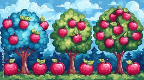 Charming apple orchard with lush trees full of ripe red apples against a vibrant blue sky, symbolizing harvest, nature, and agricultural abundance
