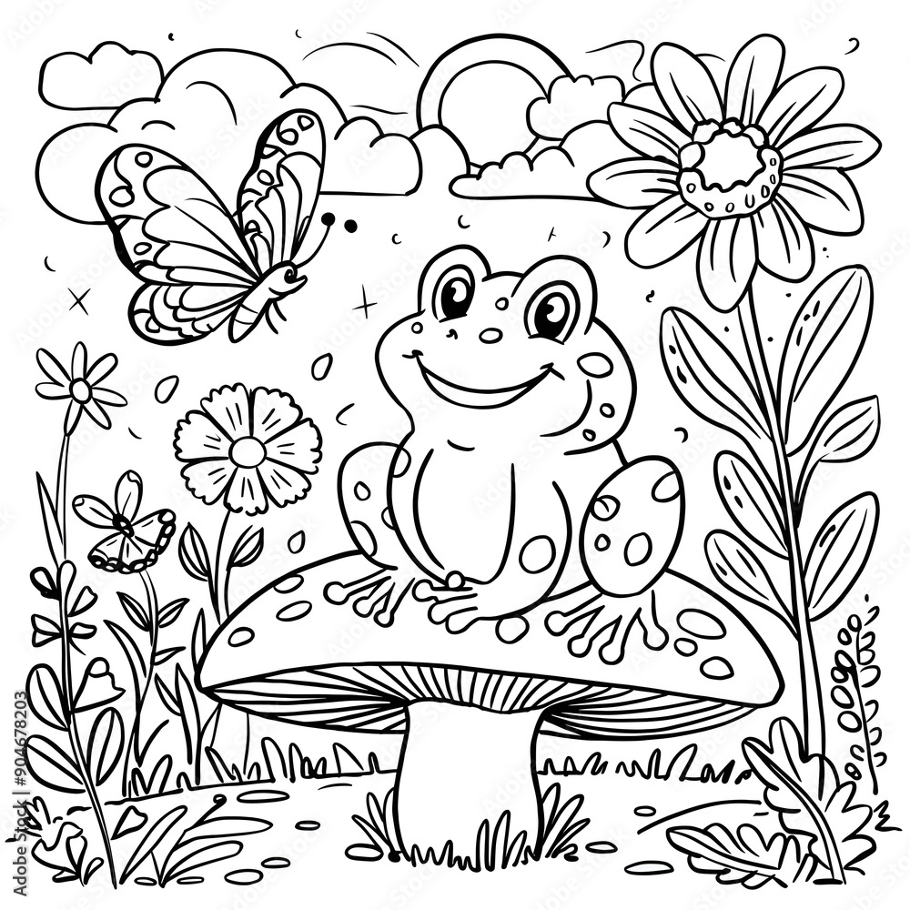 Fototapeta premium a cute frog line art illustration with cartoon flowers, sun, clouds, plants. children coloring page. kids drawing book. hand drawn frog art. illustration of a cute frog animal.