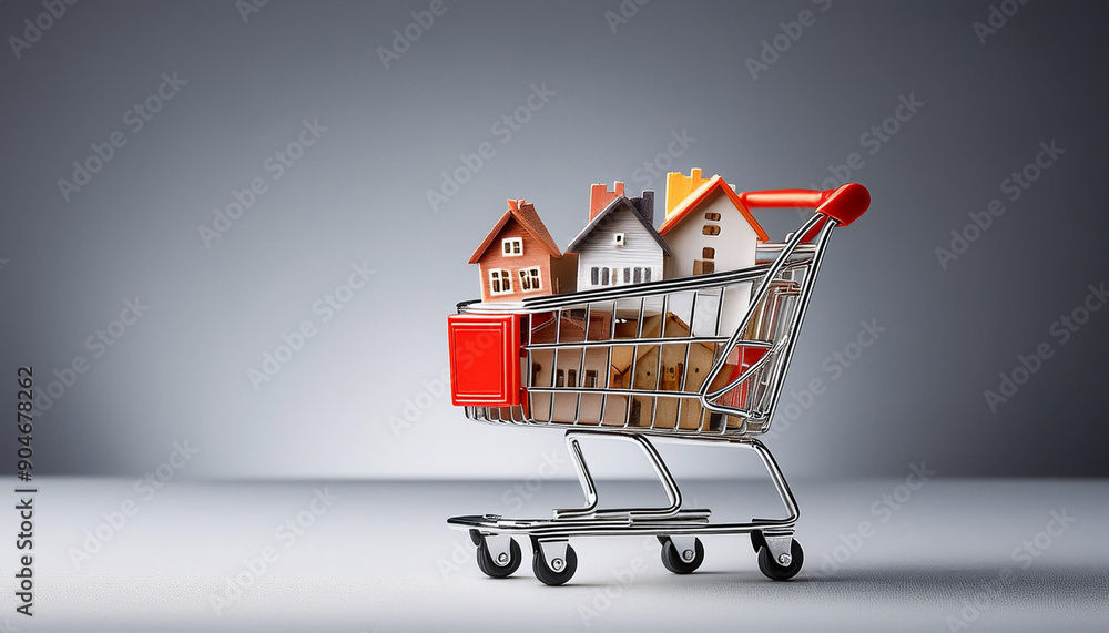 Supermarket cart full of small houses on grey background Supermarket cart full of small houses on grey background
