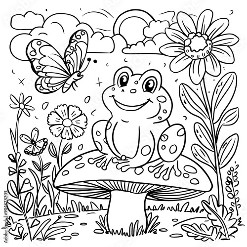 Wallpaper Mural a cute frog line art illustration with cartoon flowers, sun, clouds, plants. children coloring page. kids drawing book. hand drawn frog art. illustration of a cute frog animal. Torontodigital.ca