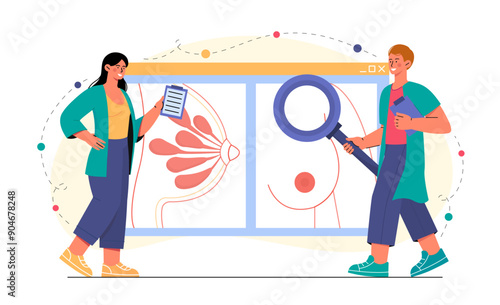 Team of mammologists. Man and woman in medical uniform with magnifying glass research structure of female breast. Diagnosis and treatment. Health care and medicine. Flat vector illustration