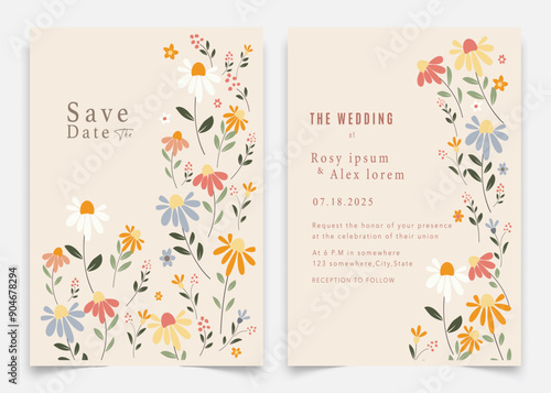 wedding invitation card background vector. Elegant hand drawn flower and line art with elegant garden anemone template Design illustration for wedding and template, banner.
