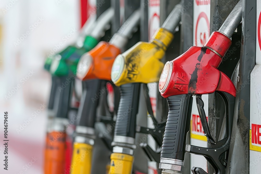 A young child stands by a colorful gas pump at a service station, showcasing the vibrant fuel nozzles in a busy environment. A young child stands by a colorful gas pump at a service station, showcasing the vibrant fuel nozzles in a busy environment.