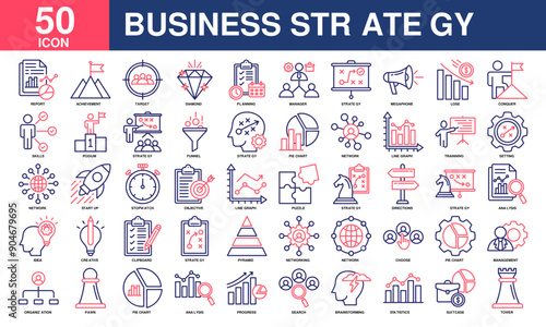 Business strategy icon collection set. Containing business, planning, strategy, strategic plan, brainstorming, analysis, statistics icon. Simple line color vector.