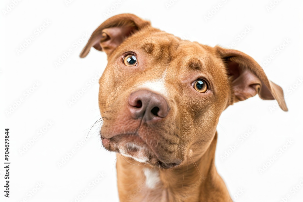 Brown dog gazing up at camera in closeup portrait on white background for pet magazine cover or animal photography collection Brown dog gazing up at camera in closeup portrait on white background for pet magazine cover or animal photography collection