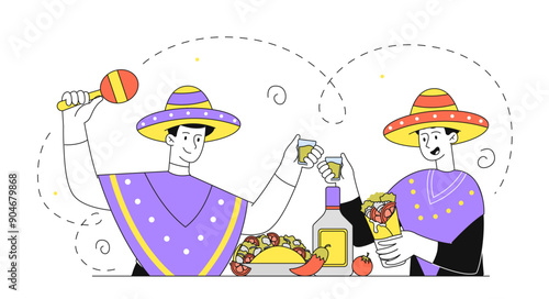 Men with Mexican food. Young guys with marcas in sombreros drink tequila and eat tacos and burritos. Mexican culture and cuisine. Linear vector illustration