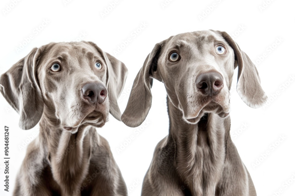 Two weimaraners looking up at the camera isolated on a white background for pet portraits and animal photography Two weimaraners looking up at the camera isolated on a white background for pet portraits and animal photography
