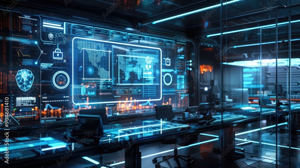 Holographic interface displaying real-time cybersecurity threat analytics in a futuristic war room. Holographic interface displaying real-time cybersecurity threat analytics in a futuristic war room.