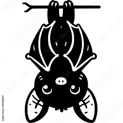 Bat hanging upside down with folded wings in monochrome. Simple minimalistic vector in black ink drawing on transparent background