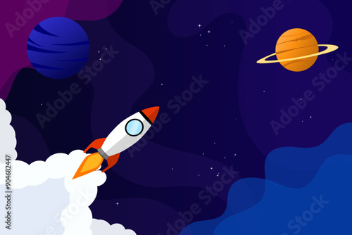Space rocket and planet background. Abstract galaxy vector illustration poster design template