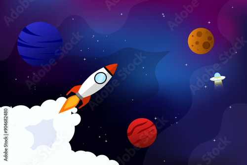 Space rocket and planet background. Gradient galaxy vector illustration poster design template