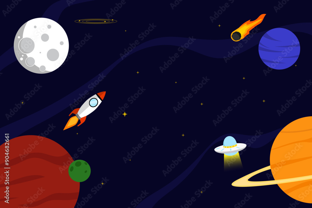 Space rocket and planet background. Galaxies vector illustration poster design template Space rocket and planet background. Galaxies vector illustration poster design template