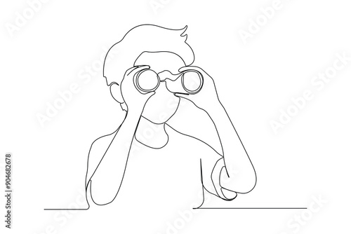 Young boy looking through binocular line art drawing. Binocular continuous outline vector.