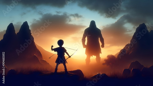 David and Goliath. Bible story of young Shepherd boy defeating a giant Warrior with a simple rock and slingshot