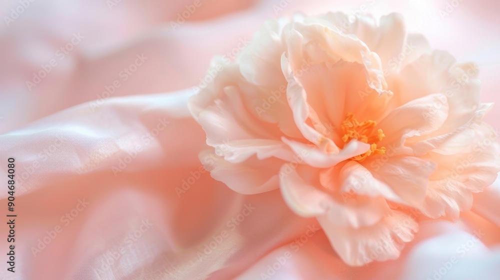A delicate flower rests gracefully on soft silk fabric, showcasing its beauty in a soft, warm light A delicate flower rests gracefully on soft silk fabric, showcasing its beauty in a soft, warm light