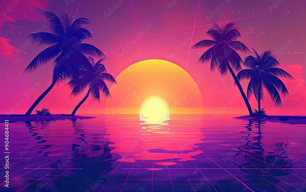 Fototapeta premium Palm Trees Silhouetted Against a Sunset Over a Reflective Ocean
