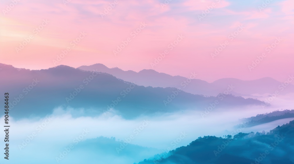 Fototapeta premium Dawn breaks with pastel hues illuminating mist-covered mountains, creating a tranquil, ethereal atmosphere