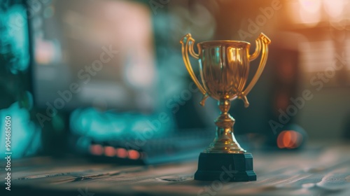 A shining gaming trophy sits on a desk beside a computer, showcasing achievements in gaming