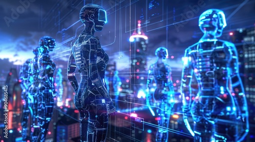 Network of holographic AI guardians protecting a digital cityscape from cyber threats.