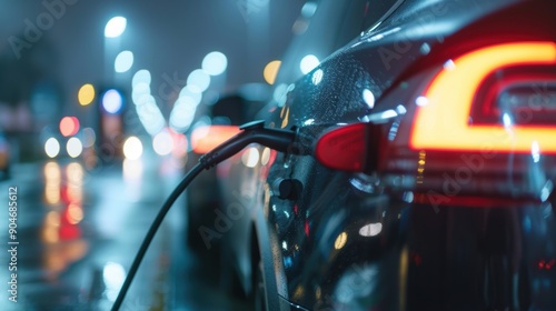 An electric car is being charged at a city charging station during a rainy night