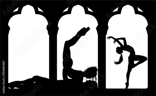 baile, danza, silueta, bailarina, danza ritmica, silueta, deporte, ballet, vector, ballet, movimiento, ventanal, contraluz