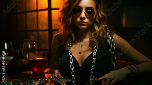 Young woman with a glass of wine and handcuffs. Addicted to drugs and alcoho photo