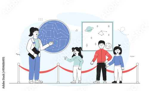 Kids in planetarium. Woman shows constellations to boys and girl. Guide with children in gallery or exhibition. Astrology and astronomy. Linear vector illustration