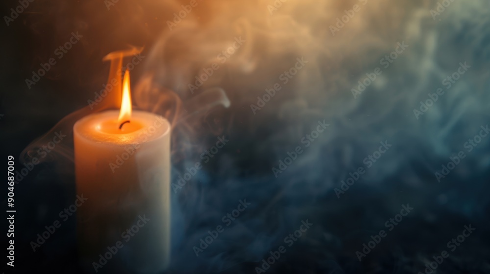 A lit candle releases gentle smoke in a darkened environment, creating a tranquil ambiance A lit candle releases gentle smoke in a darkened environment, creating a tranquil ambiance