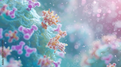 Detailed view of vibrant virus cells showcasing structure and interaction under a microscope