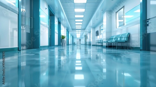 Wallpaper Mural Serene Hospital Hallway: Empty chairs and gleaming floors define this pristine medical corridor, bathed in cool, calming light.  Torontodigital.ca