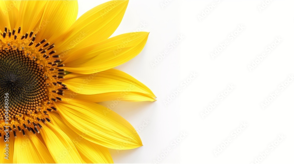 Obraz premium A detailed close-up of a sunflower head with seeds, bright yellow petals and intricate seed patterns, isolated on a white background with ample copy text space