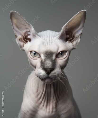 Detailed close-up of a serious-looking Sphynx cat, showcasing its unique hairless features and intense gaze.