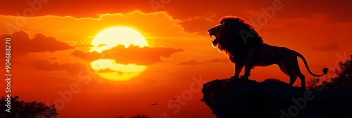 A silhouette of a lion roaring on the edge of a cliff against the backdrop of a setting sun. The dramatic scene emphasizes the power and majesty of the king of the jungle.