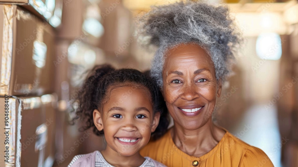 Fototapeta premium A joyful mother and daughter share a moment of happiness among their packed moving boxes