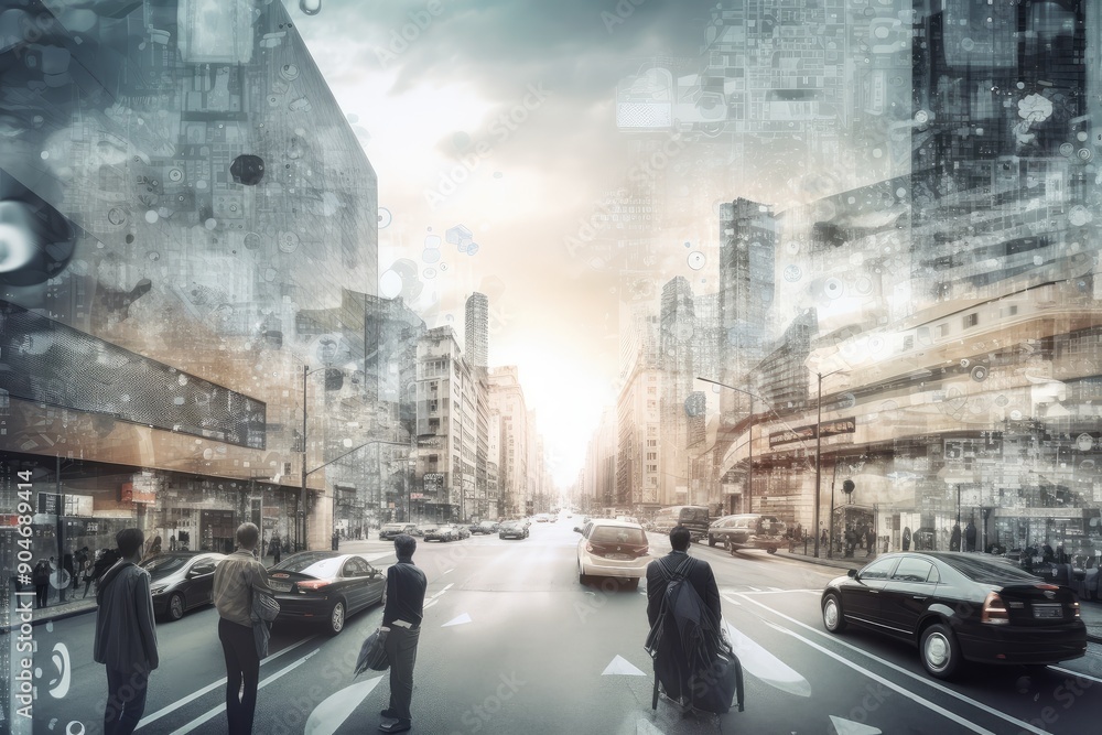 Fototapeta premium Futuristic Cityscape with Business Professionals
