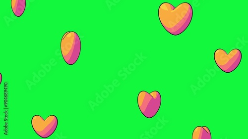 Multiple hearts with a gradient effect floating on green screen. The simplicity and brightness of the colors make it ideal for themes related to love, joy, and celebration. 4K and Chroma key