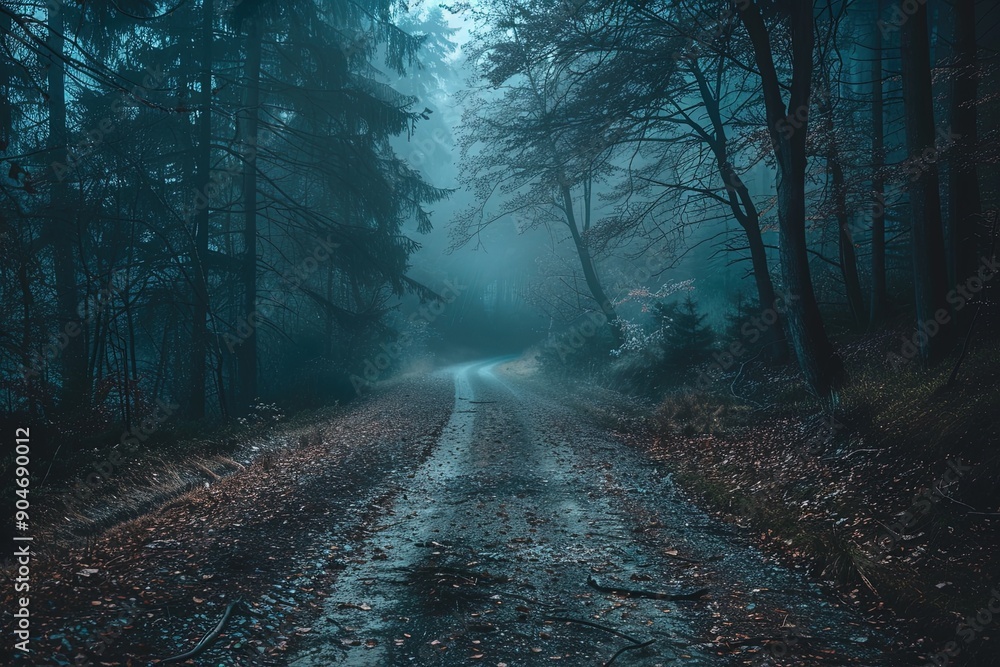 Fototapeta premium Mysterious dark forest. dark and moody forest road covered in mist. halloween night background