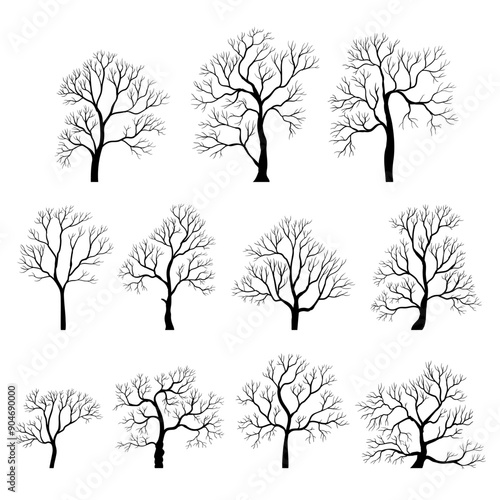 vector drawing silhouettes of winter trees and shrubs without foliage isolated at white background, hand drawn illustration
