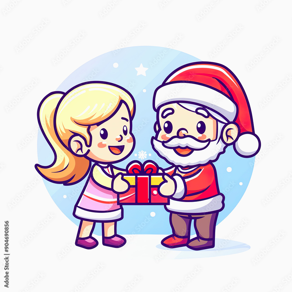 A young girl giving a present to Santa Claus A young girl giving a present to Santa Claus