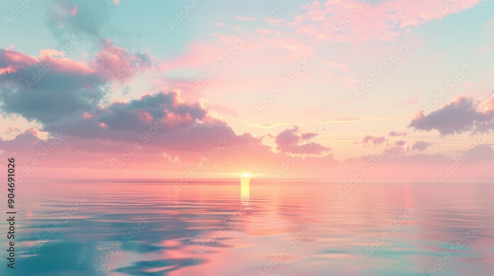 Fototapeta premium A pastel sky graces the calm ocean as the sun sets, creating a breathtaking evening view
